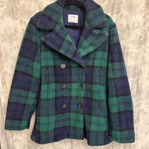 Plaid Fleece Double-Breasted Jacket - Green and Blue EUC
